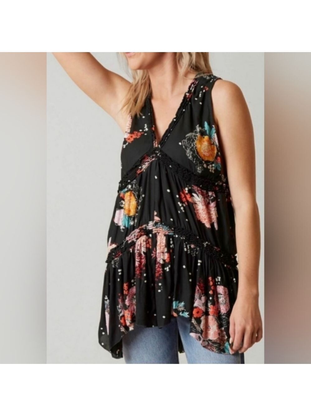 Free People Haze Tank Top Tunic Black Floral V Neck Size Small boho